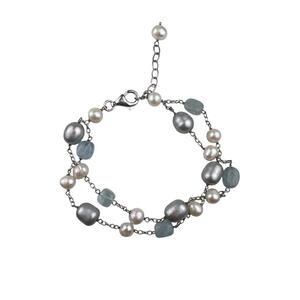 Real Pearl & Milky Blue Gemstone Sterling Silver Bracelet 8"-9"